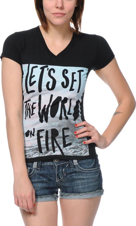 Empyre Girls World On Fire Black V-Neck Black Tee Shirt
