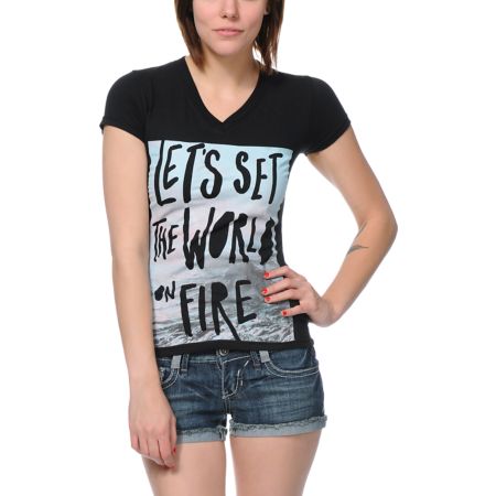 Empyre Girls World On Fire Black V-Neck Black Tee Shirt