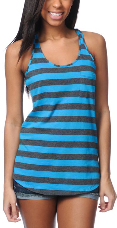 Zine Girls Hawaiian Ocean Charcoal Striped Racerback Tank Top