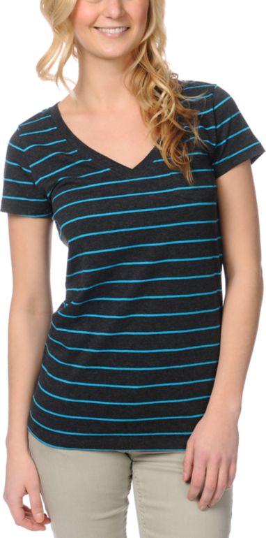 Zine Girls Charcoal & Hawaiian Striped V-Neck Tee Shirt