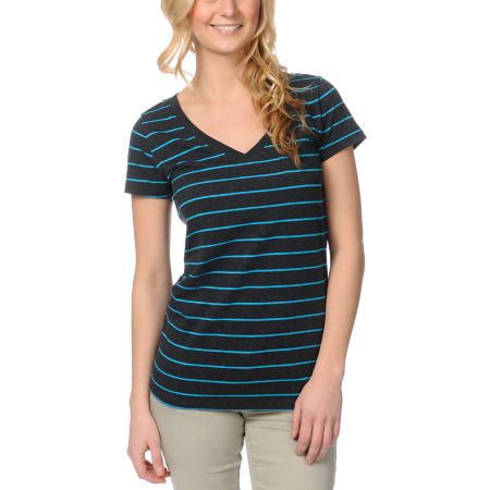 Zine Girls Charcoal & Hawaiian Striped V-Neck Tee Shirt
