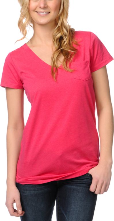 Zine Girls Bright Rose Pink V-Neck Tee Shirt