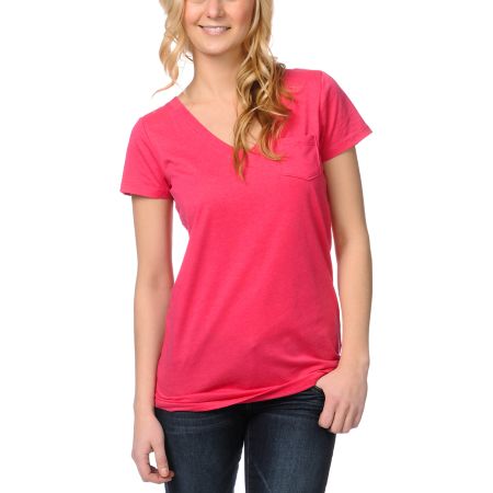 Zine Girls Bright Rose Pink V-Neck Tee Shirt