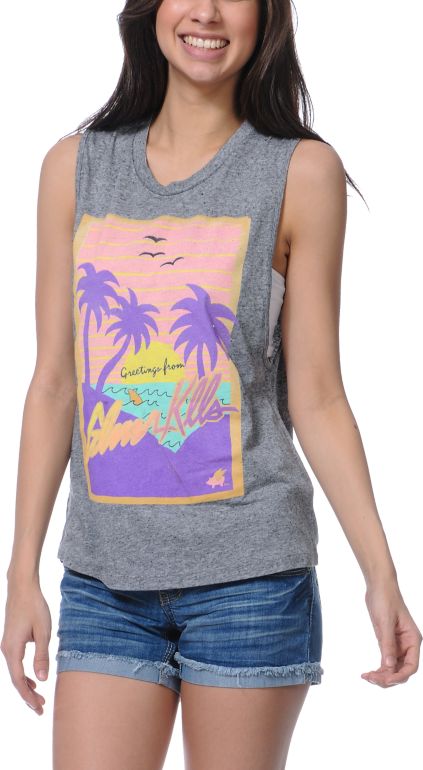 Glamour Kills Greetings From Heather Grey Cut-Off Tank Top
