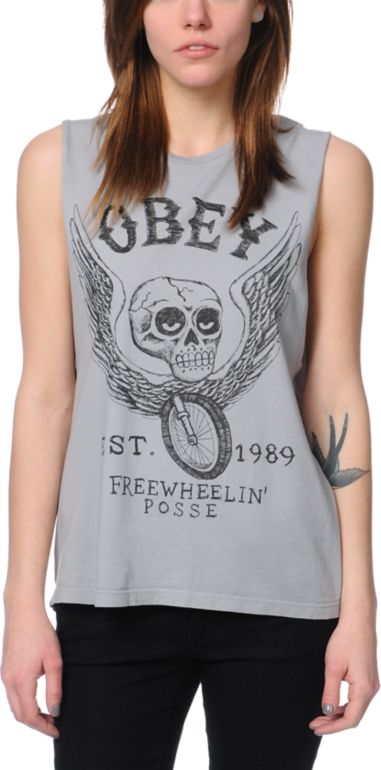 Obey Free Wheelin Grey Moto Cut-Off Tank Top
