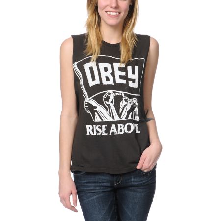 Obey Rise Above Charcoal Moto Cut-Off Tank Top