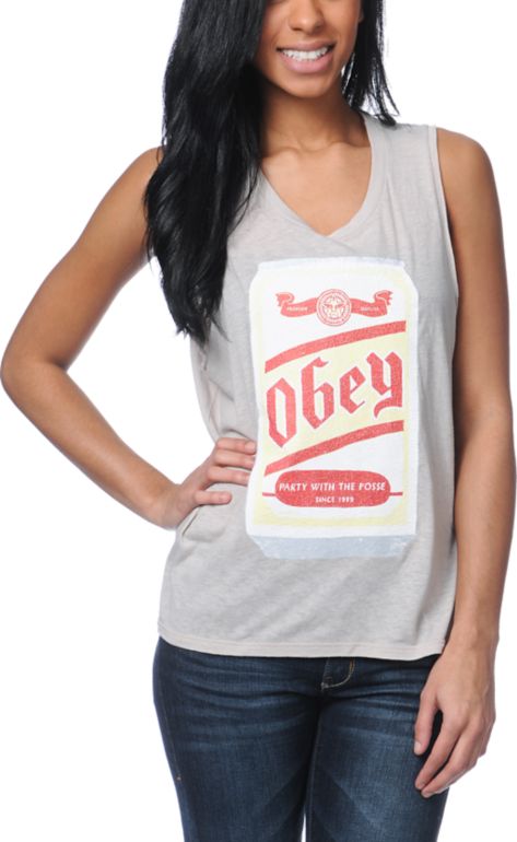 Obey Beer Me Heather Grey Felon Cut Off Tank Top
