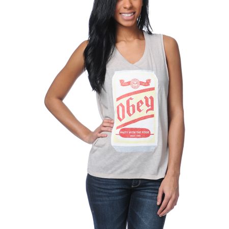 Obey Beer Me Heather Grey Felon Cut Off Tank Top