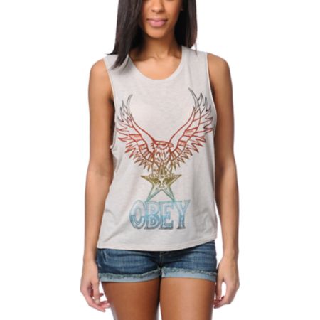 Obey Take Flight Grey Felon Cut Off Tank Top