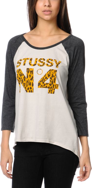Stussy Girls Cheetah No. 4 Charcoal Baseball Tee Shirt