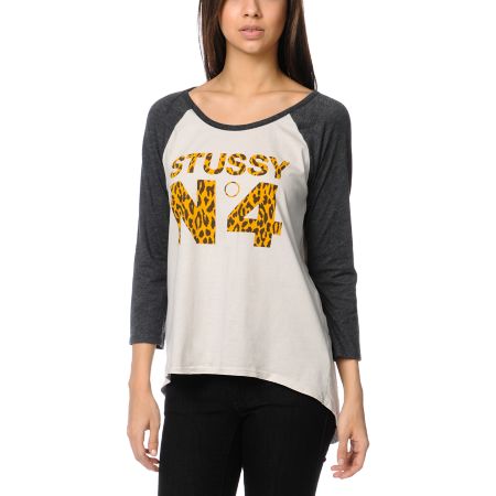 Stussy Girls Cheetah No. 4 Charcoal Baseball Tee Shirt