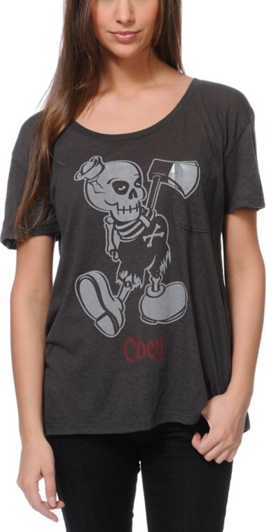 Obey Girls Oh Boy! Charcoal Throwback Tee Shirt