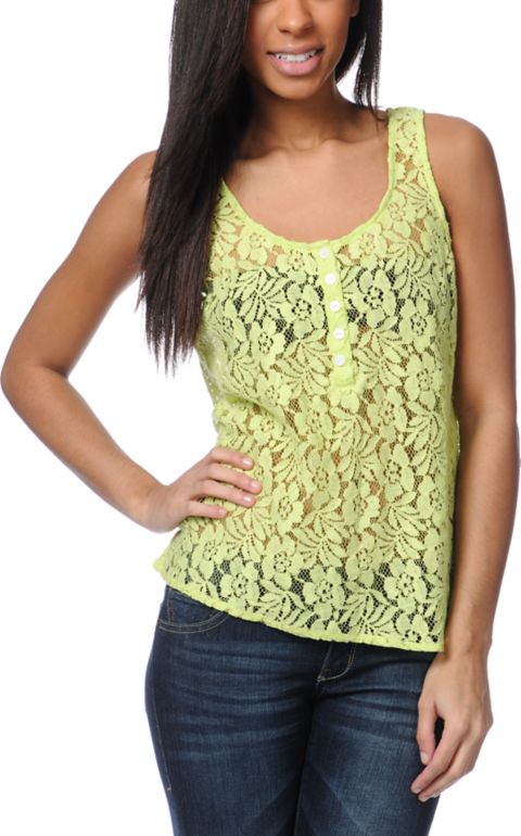Volcom Not So Classic Neon Green Lace Tank Top