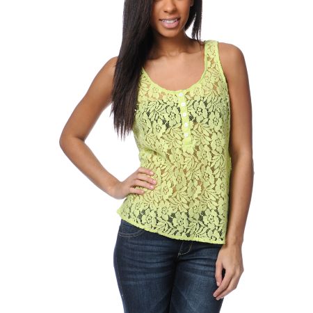 Volcom Not So Classic Neon Green Lace Tank Top