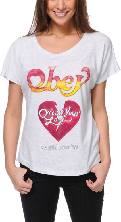 Obey Girls Wear Your Love Heather White Tee Shirt