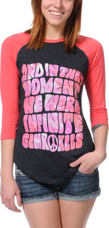 Glamour Kills Infinite Moments Charcoal & Coral Baseball Tee Shirt
