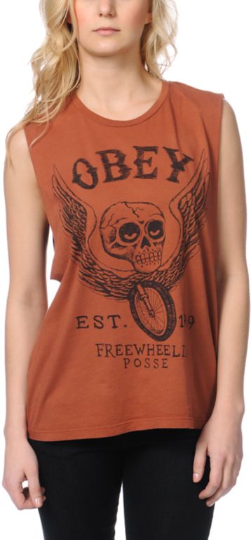 Obey Free Wheelin Brown Moto Cut-Off Tank Top