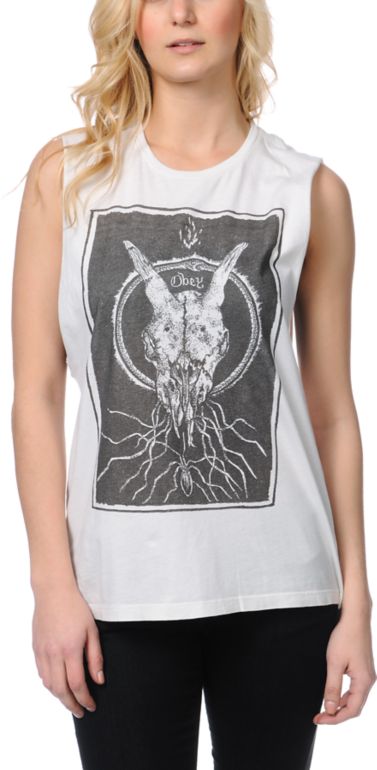 Obey Ghost Skull Natural Moto Cut-Off Tank Top
