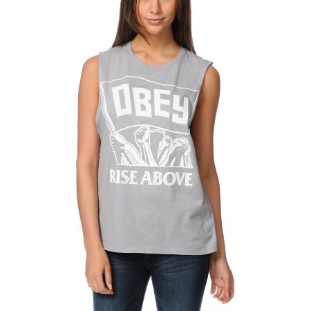 Obey Rise Above Grey Moto Cut-Off Tank Top