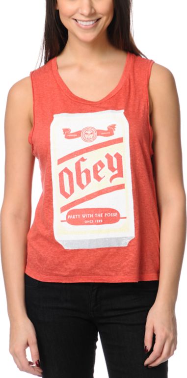 Obey Beer Me Heather Red Felon Cut Off Tank Top