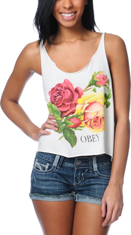 Obey Bed Of Roses Natural Broken Crop Tank Top