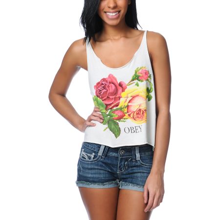 Obey Bed Of Roses Natural Broken Crop Tank Top