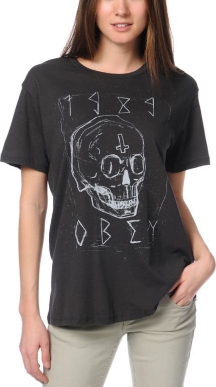 Obey Girls Deadly Skull Charcoal Tomboy Tee Shirt