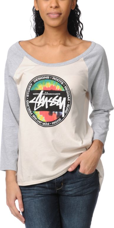 Stussy Girls Tie Dye Dot Heather Grey Baseball Tee Shirt