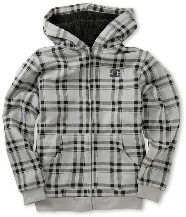 DC Boys T-star Grey & Black Plaid Sherpa Fleece Hoodie