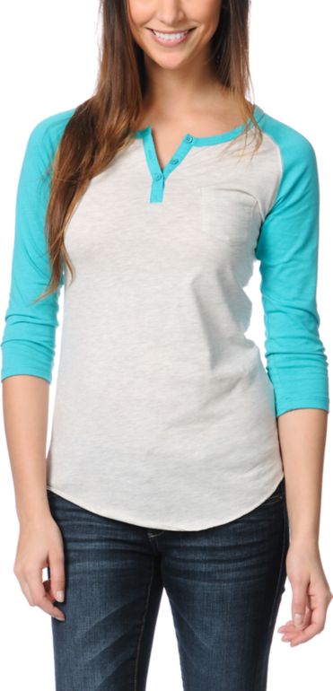 Zine Girls Henley Oatmeal & Ceramic Blue Baseball Tee Shirt