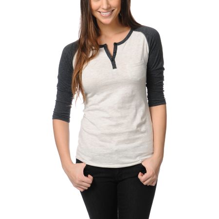 Zine Girls Henley Oatmeal & Charcoal Baseball Tee Shirt
