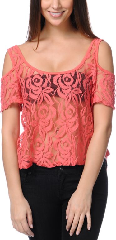 Love, Fire Cold Shoulder Lace Zipper Coral Top