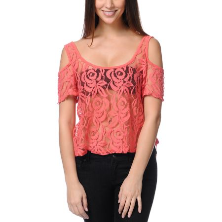 Love, Fire Cold Shoulder Lace Zipper Coral Top