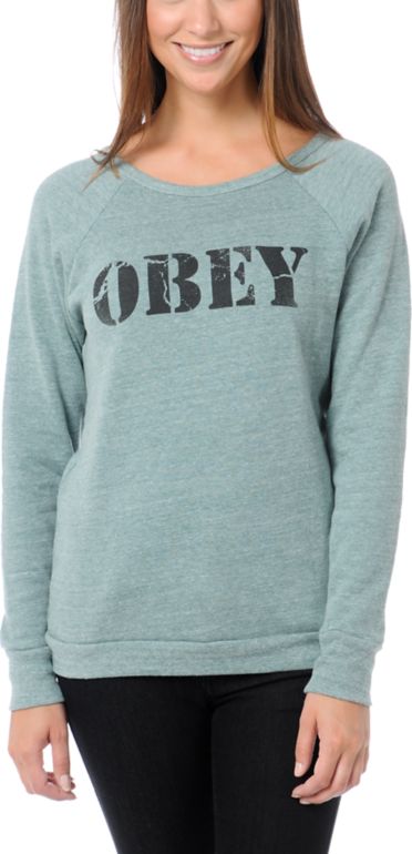 Obey Army Heather Green Vandal Crew Neck Sweatshirt