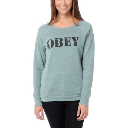 Obey Army Heather Green Vandal Crew Neck Sweatshirt