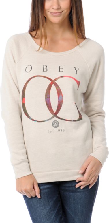 Obey OG Gold Rose Vandal Heather Stone Crew Neck Sweatshirt