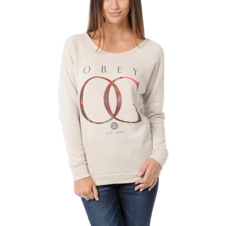 Obey OG Gold Rose Vandal Heather Stone Crew Neck Sweatshirt
