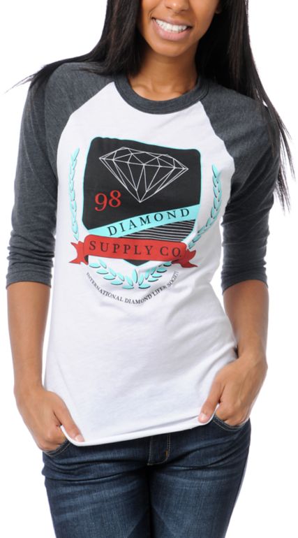 Diamond Supply Girls Diamond Society White & Grey Baseball Tee Shirt