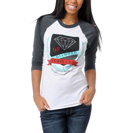 Diamond Supply Girls Diamond Society White & Grey Baseball Tee Shirt