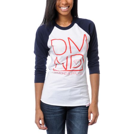 Diamond Supply Girls DMND White & Navy Baseball Tee Shirt