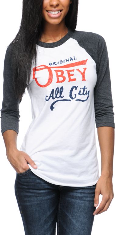 Obey All City Originals White & Charcoal Baseball Tee Shirt