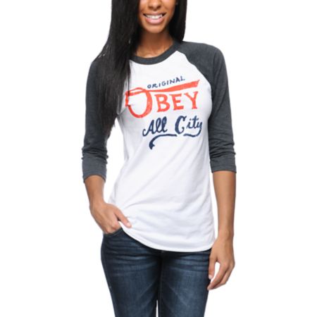 Obey All City Originals White & Charcoal Baseball Tee Shirt