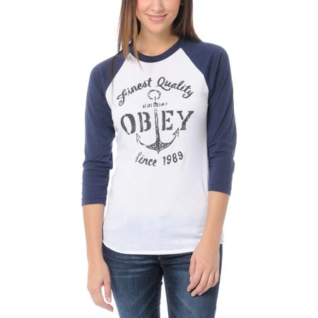 Obey Girls Finest Quality White & Navy Blue Baseball Shirt