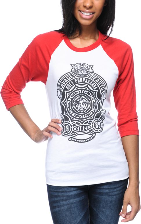 Obey Girls Finlandia White & Red Baseball Tee Shirt