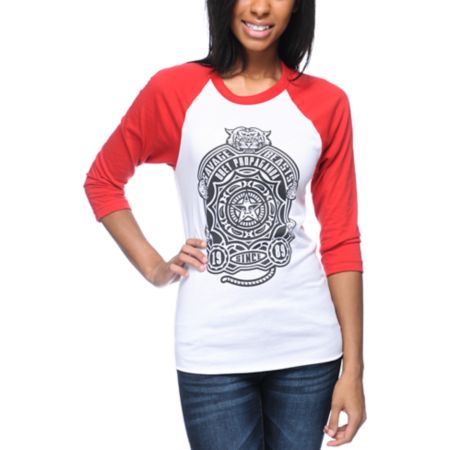 Obey Girls Finlandia White & Red Baseball Tee Shirt