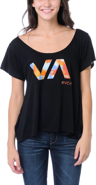 RVCA Girls Blurred Watercolor Black Tee Shirt