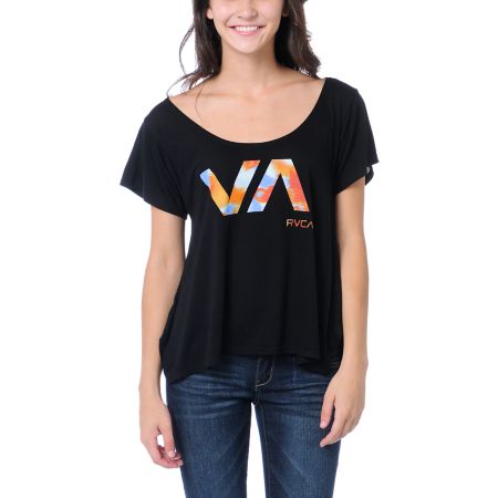 RVCA Girls Blurred Watercolor Black Tee Shirt
