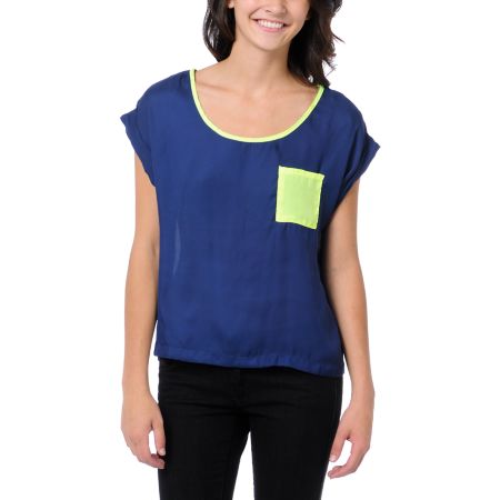 Love, Fire Navy & Neon Yellow Button Back Top