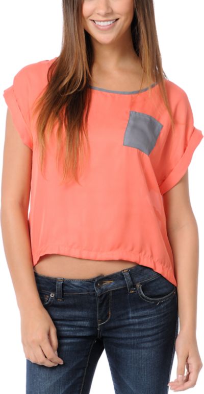 Love, Fire Coral & Grey Button Back Top