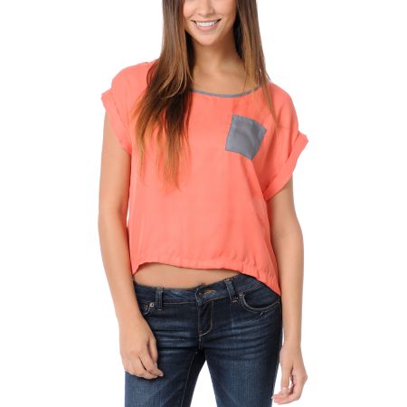 Love, Fire Coral & Grey Button Back Top